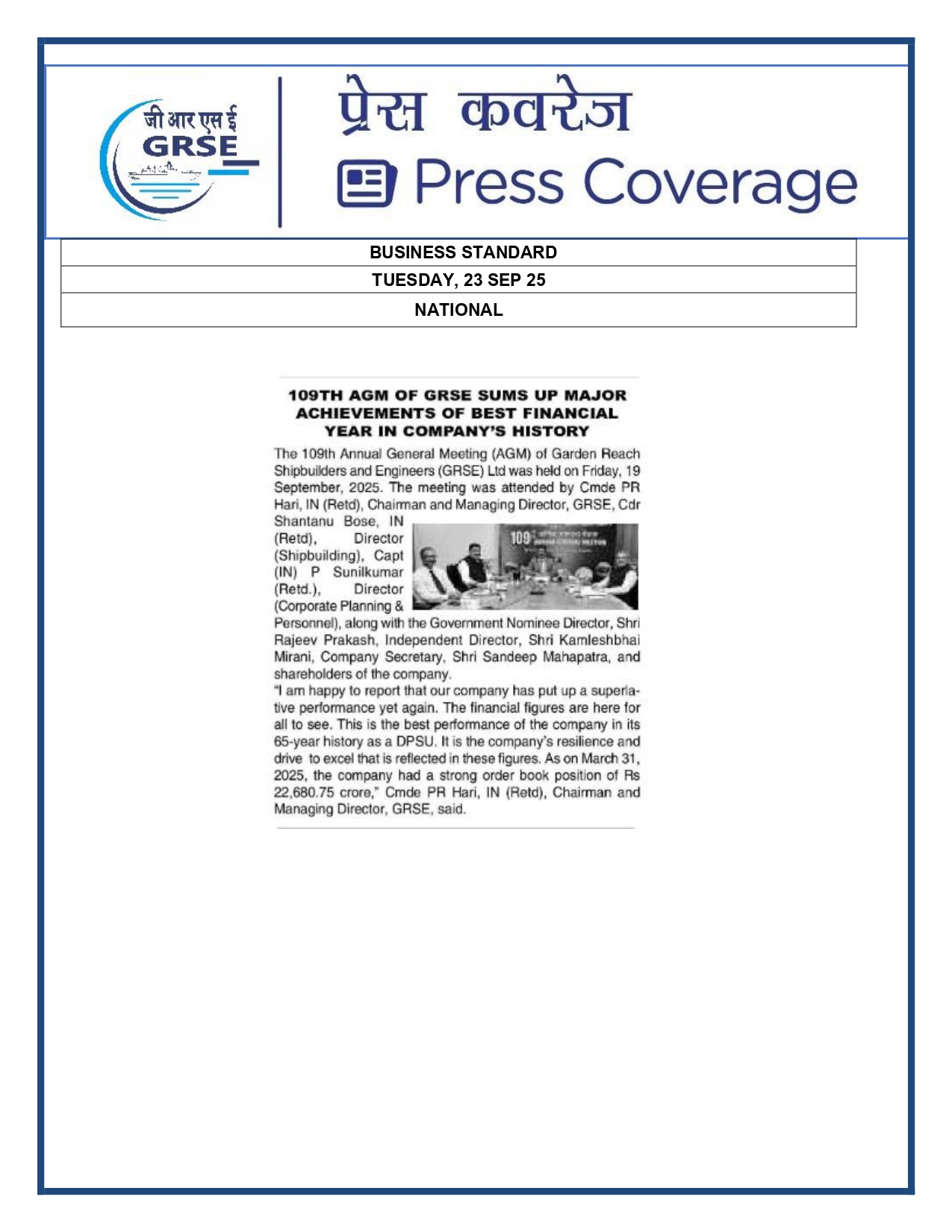 Press Coverage : 19 Sept 25: BUSINESS STANDARD